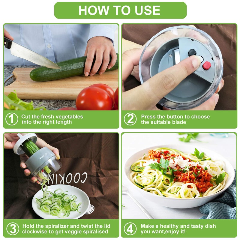 Voaesdk Handheld Spiralizer Vegetable Slicer,4 in 1 Heavy Duty Veggie Spiralizer Zucchini Spaghetti Maker,Vegatable Spiral Slicer for Salad,Carrot,Fruit,Cucumber,Zucchini,Onion Noodle Maker (Gray) - Image 5