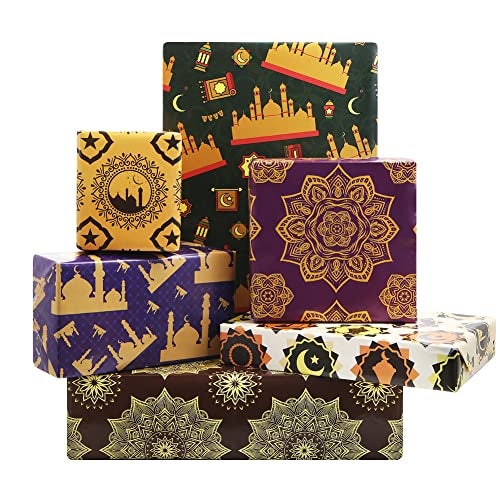 Apol Vintage Gift Wrapping PaperRamadan Eid Mubarak Wrapping Paper Blue Castle Stars Moon Retro Flower 6 Folded Sheets Birthday Gift Wrap Craft Paper for Ramadan Party Gift Decoration28 x 20 Inch - Image 2