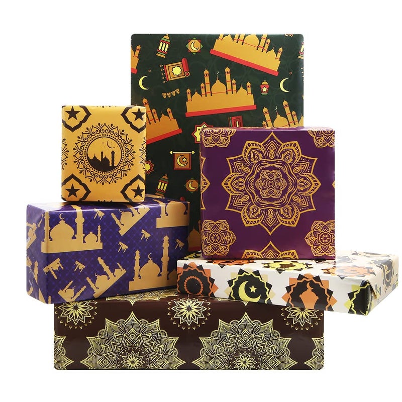 Apol Vintage Gift Wrapping PaperRamadan Eid Mubarak Wrapping Paper Blue Castle Stars Moon Retro Flower 6 Folded Sheets Birthday Gift Wrap Craft Paper for Ramadan Party Gift Decoration28 x 20 Inch - Image 3