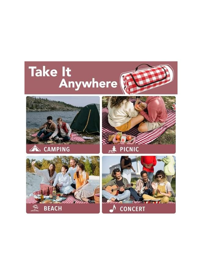 PROMASS بطانية نزهة قابلة للطي مقاومة للماء، بطانية شاطئية، 200 * 200 سم، بساط تخييم خارجي قابل للطي كبير جداً، بساط نزهة واسع، مربعات حمراء - Image 5