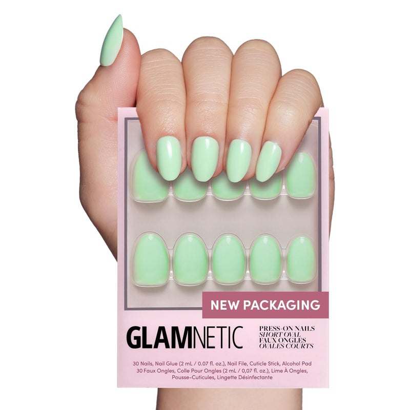 Glamnetic Press On Nails  Mint Green  Solid Opaque Pastel Green Short Oval Nails Reusable  15 Sizes  30 Nail Kit