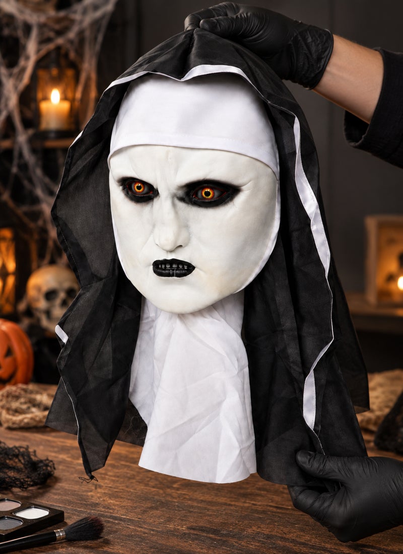 Trentor Halloween Haunted Nun Mask with White Hood, Pale Face and Dark Eye Makeup - Image 3