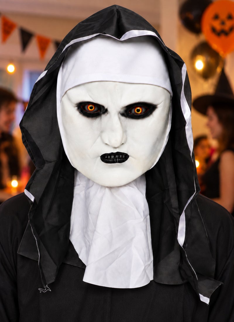 Trentor Halloween Haunted Nun Mask with White Hood, Pale Face and Dark Eye Makeup - Image 2