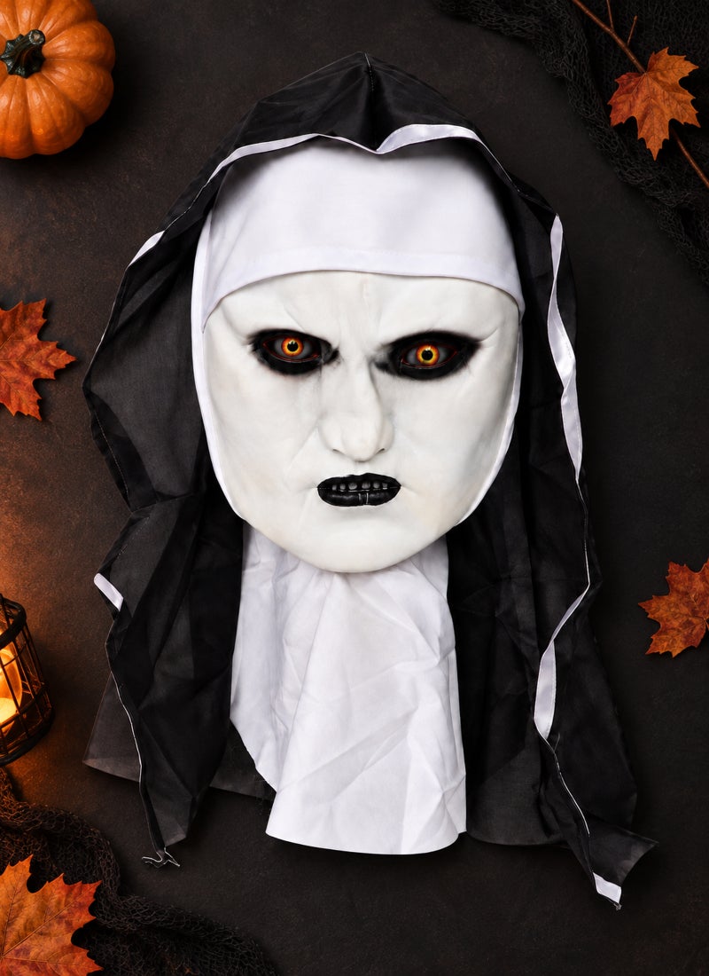 Trentor Halloween Haunted Nun Mask with White Hood, Pale Face and Dark Eye Makeup - Image 1