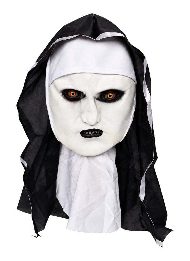 Trentor Halloween Haunted Nun Mask with White Hood, Pale Face and Dark Eye Makeup - Image 4