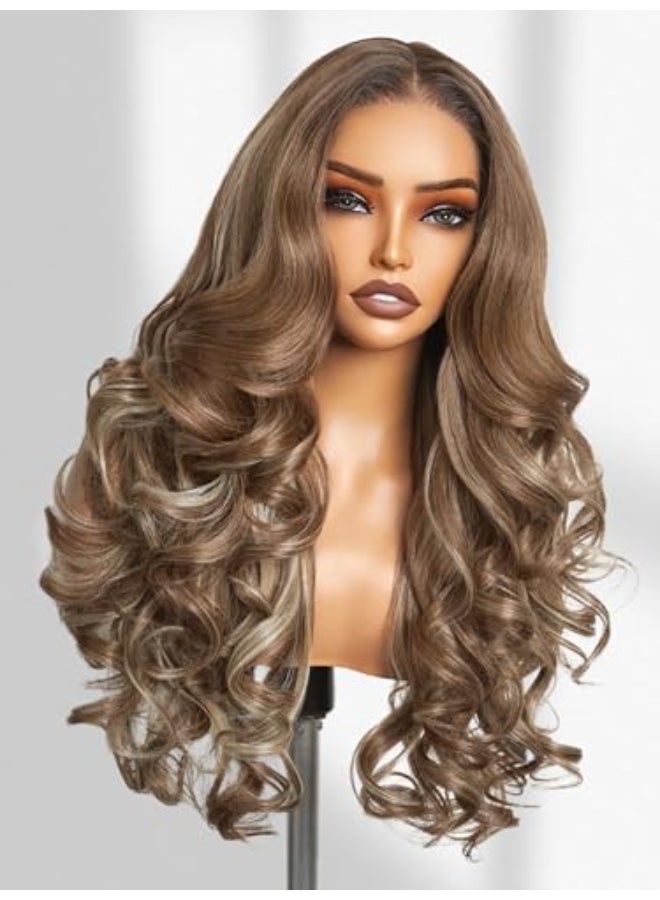 GORGIUS Glueless Loose Body Wave Lace Front Wigs Blonde with Brown Highlight Synthetic Hair Pre Cut Pre Plucked Middle Part Closure Wig For Women Natural Hairline 24 Inch - Image 1