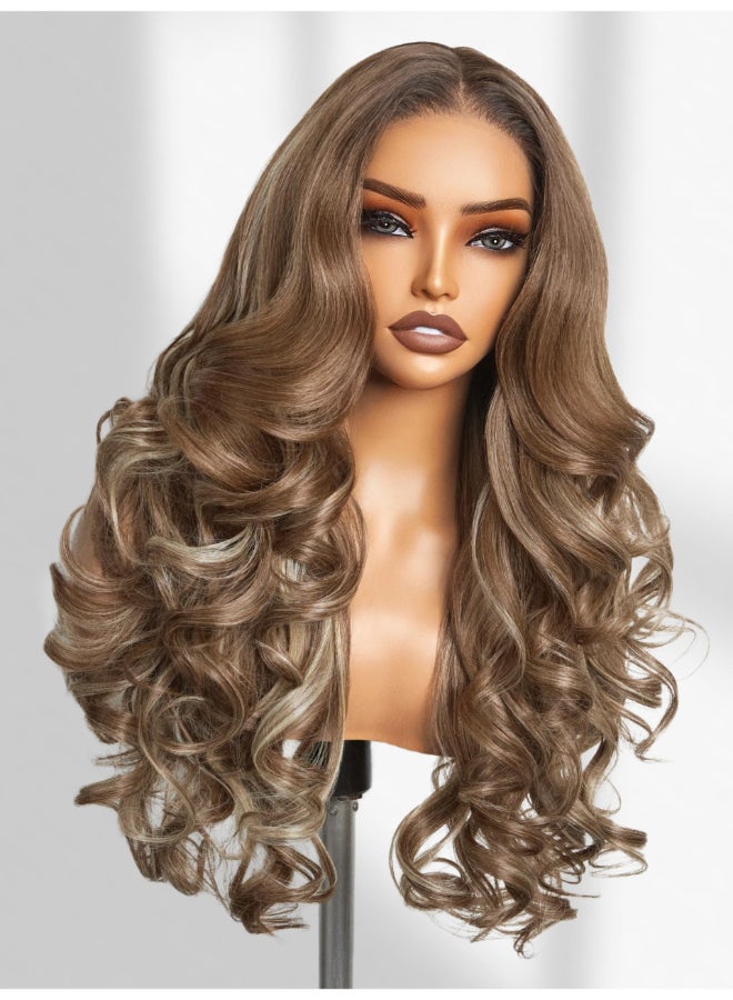 GORGIUS Glueless Loose Body Wave Lace Front Wigs Blonde with Brown Highlight Synthetic Hair Pre Cut Pre Plucked Middle Part Closure Wig For Women Natural Hairline 24 Inch - Image 2