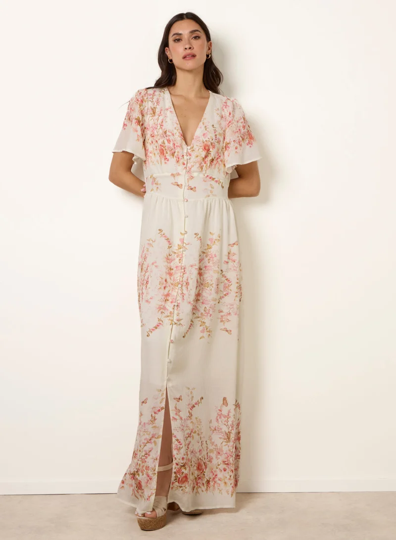 Blue Vanilla Floral Print Button Front Maxi Dress