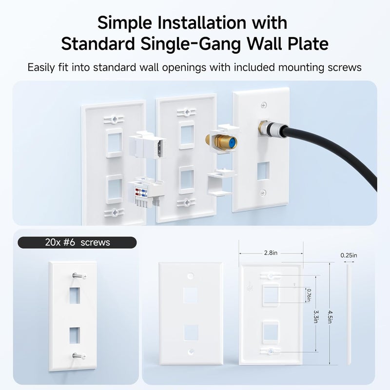 CableMatters [UL Listed] 10-Pack Low Profile 2-Port Keystone Jack Wall Plate, RJ45 Wall Plate for Keystone Jacks in White - Image 4