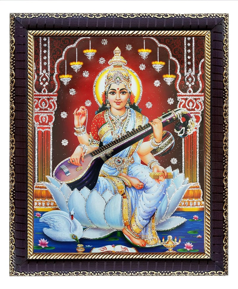 Khanna Khanna Saraswati Mata On Lotus With Sitar Photo Frame For Wall HangingGiftTemplePuja RoomHome Decor Golden Frame with Acrylic Sheet Glass For Worship  - Image 1