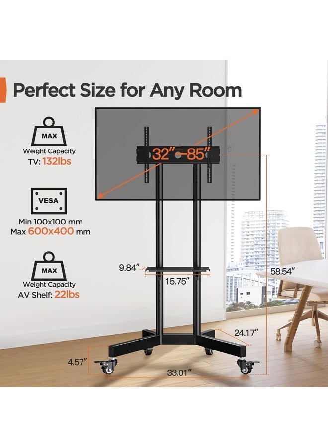Perlegear Rolling TV Stand, Mobile TV Stand on Wheels for 32-85 Inch Screens up to 132 lbs, Height Adjustable Mobile TV Cart with Metal Shelf, Rolling TV Cart with Lockable Wheels Max VESA 600x400mm - Image 2