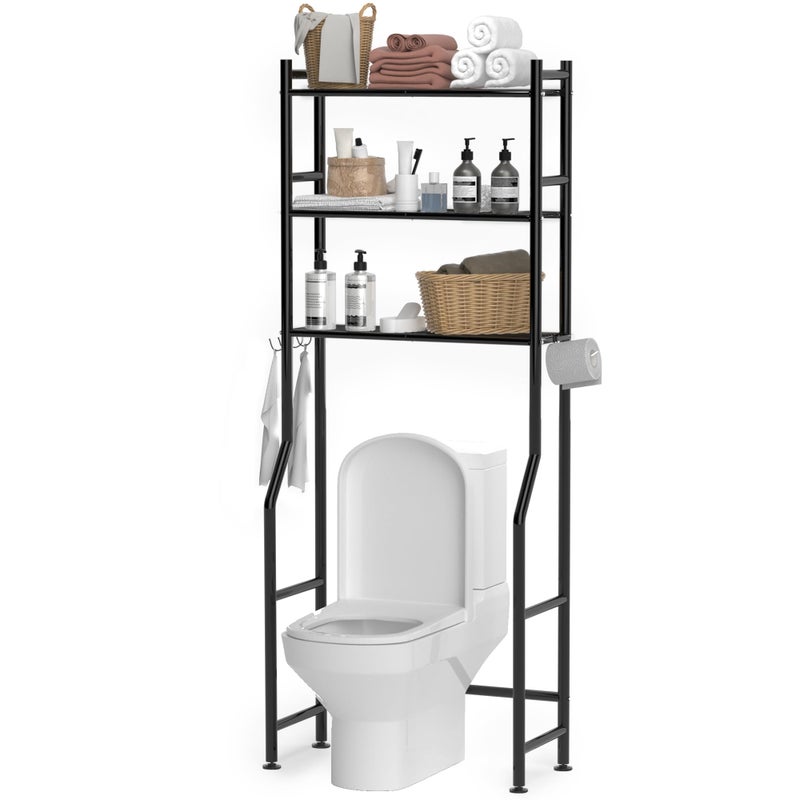 GloTika 3Tier Over The Toilet Storage Space Saver Metal Bathroom Shelves Freestanding Above Over Toilet Storage Shelf with 4 Hooks for Bathroom Black