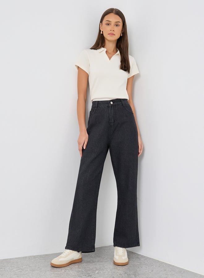 Styli Charcoal Wide Leg Jeans with Pockets - Image 1