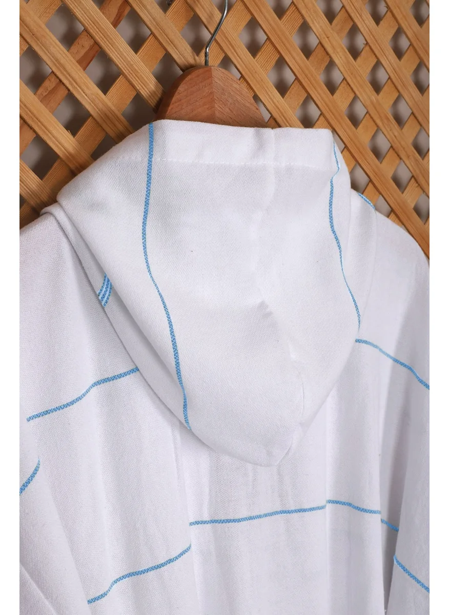 Mira Home Hooded Unisex White Striped Bath Sea Beach Peshtemal Bathrobe Cotton