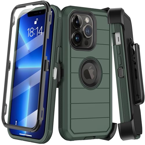 KECAI for iPhone 13 Pro Case with Belt Clip Holster & Kickstand,Built-in Screen Protector,Heavy Duty Shockproof Drop Protection Military Grade Full Body Rugged Phone Cover (6.1 Inch) (Dark Green) - Image 1