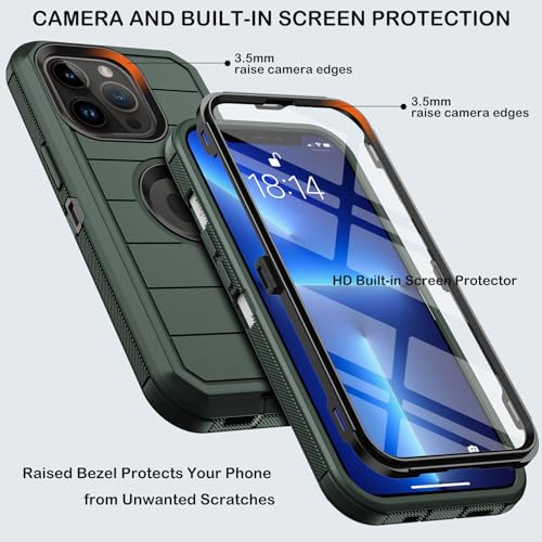 KECAI for iPhone 13 Pro Case with Belt Clip Holster & Kickstand,Built-in Screen Protector,Heavy Duty Shockproof Drop Protection Military Grade Full Body Rugged Phone Cover (6.1 Inch) (Dark Green) - Image 2