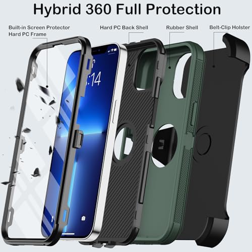 KECAI for iPhone 13 Pro Case with Belt Clip Holster & Kickstand,Built-in Screen Protector,Heavy Duty Shockproof Drop Protection Military Grade Full Body Rugged Phone Cover (6.1 Inch) (Dark Green) - Image 3