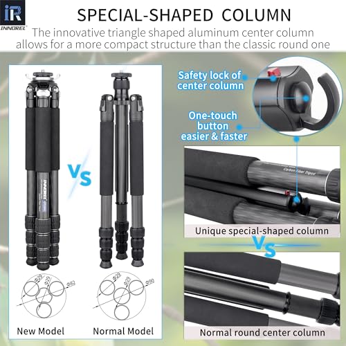 INNOREL GT284C and N36 Carbon Fiber Tripod Professional Compact Tripod with Low Gravity Center Ball Head Special-Shaped Center Column 29mm Tube Max Load 20kg for DSLR Camera Heavy Duty Stand - Image 3