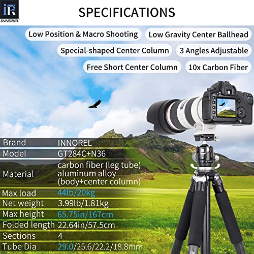 INNOREL GT284C and N36 Carbon Fiber Tripod Professional Compact Tripod with Low Gravity Center Ball Head Special-Shaped Center Column 29mm Tube Max Load 20kg for DSLR Camera Heavy Duty Stand - Image 2