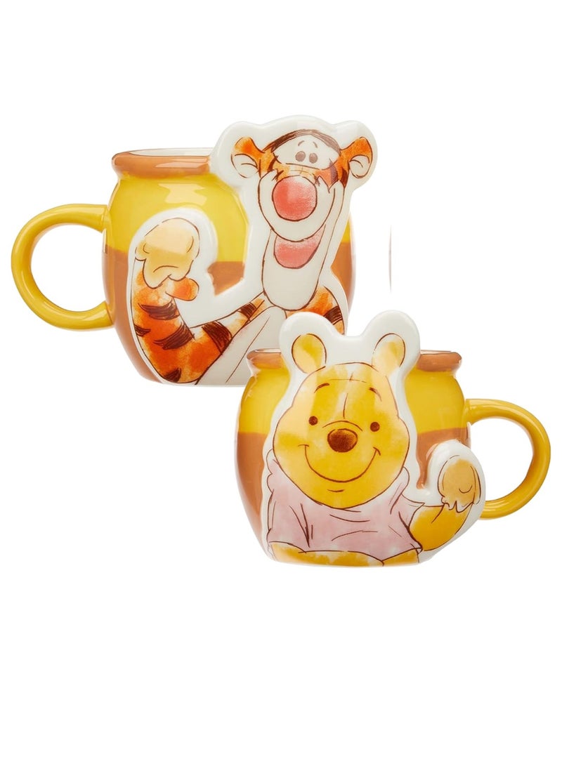 ديزني طقم أكواب سيراميك ويني ذا بوه آند تيجر – تصميم وعاء العسل، كوبان قهوة وشاي سعة 475 مل، أدوات شرب عالية الجودة قابلة للتجميع، طقم هدايا للأطفال والكبار - Image 1