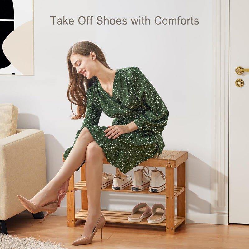 MUGATH DIY Bamboo Shoe Rack BenchShoe BenchBamboo Long Rack 3Tier Shoe Shelf Organizer Holds up to 220 lbs Entryway Storage Bench Ideal for Hallway Bathroom Living Room 41L28W70H cm - Image 4