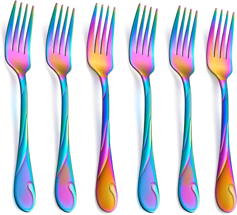 Seeshine Rainbow Salad Fork Set, 6.9-inch Stainless Steel Dessert Forks, 6-Piece Shiny Metal Small Cake Fork, Iridescent Silverware Set, Dishwasher Safe - Image 1