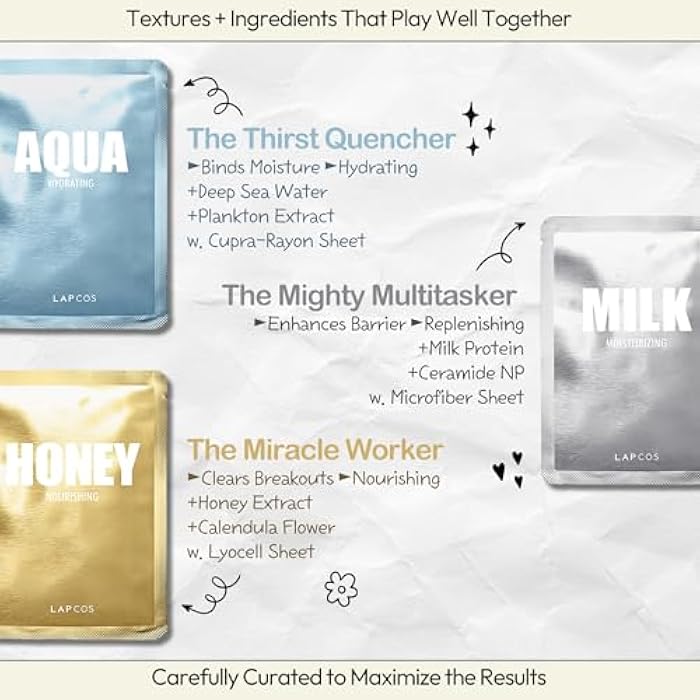 LAPCOS Daily Sheet Mask Variety Pack 7+1 (Version 1) Daily Face Masks - Hydrate, Clarify, Nourish, Exfoliate & Renew Skin, Korean Beauty Favorite (8 pack) - Image 4