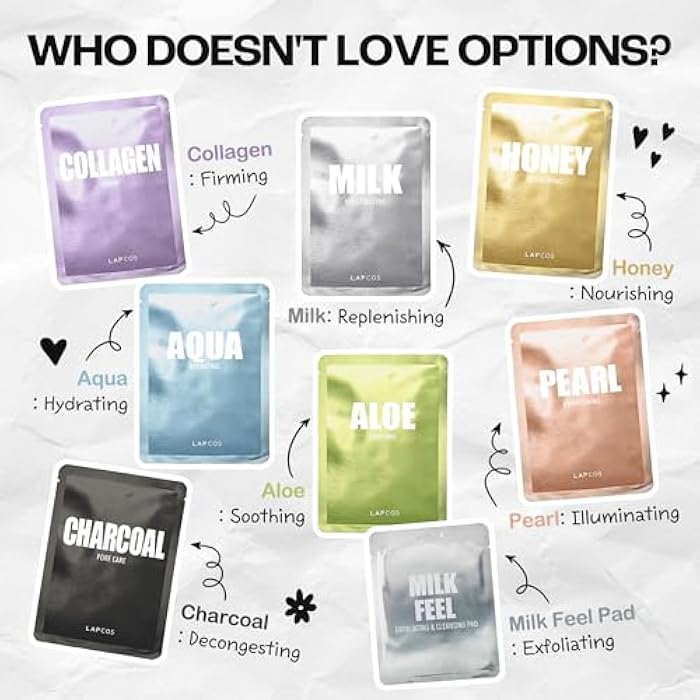 LAPCOS Daily Sheet Mask Variety Pack 7+1 (Version 1) Daily Face Masks - Hydrate, Clarify, Nourish, Exfoliate & Renew Skin, Korean Beauty Favorite (8 pack) - Image 2