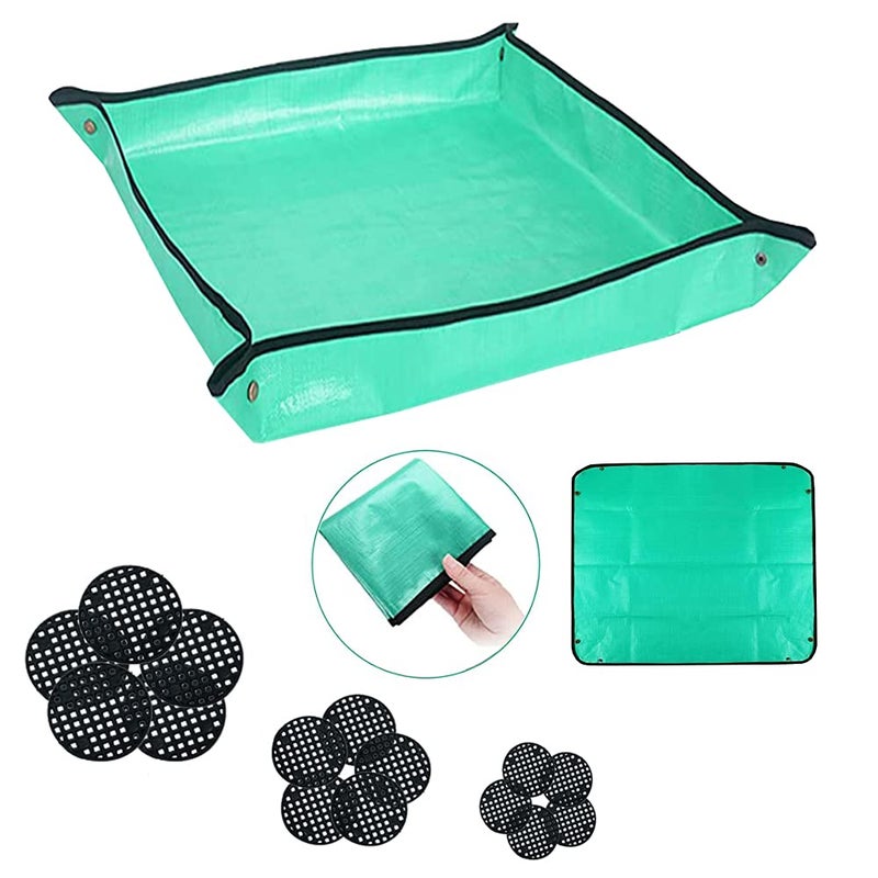 BIUWING BIUWING 394 x 394 Plant Repotting Mat Large Foldable Gardening Mat Waterproof Transplanting Potting Mat Indoor Outdoor with 15 Pieces Pot Hole Mesh Pads 