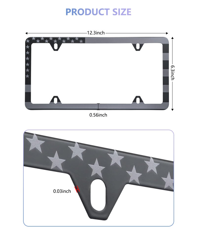 BGGTMO American Flag License Plate Frames- Black Stainless Steel Car Tag Holder Printed with USA Flag Pattern, 4 Hole 2 Pack with Screws Caps Decals for Front Rear - Image 2
