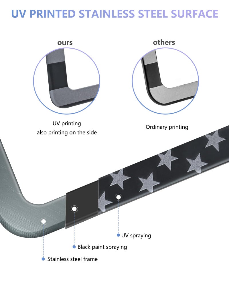 BGGTMO American Flag License Plate Frames- Black Stainless Steel Car Tag Holder Printed with USA Flag Pattern, 4 Hole 2 Pack with Screws Caps Decals for Front Rear - Image 4