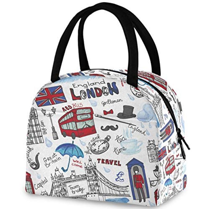 ZzWwR England London Landmark Symbols Lettering Pattern Reusable Lunch Tote Bag with Front Pocket Zipper Closure Insulated Thermal Cooler Container Bag for Work Picnic Travel Beach Fishing