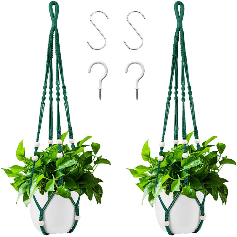 Augshy Macrame Plant Hangers Dark Green Hanging Planters For Indoor Outdoor Home Decor  Hanging Plant Holder No Tassels Set Of 2 With 4 Hooks - Image 1