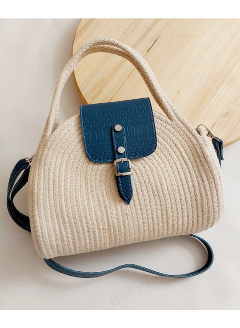 Eco friendly cotton cord cross body bag off white and blue leather flap