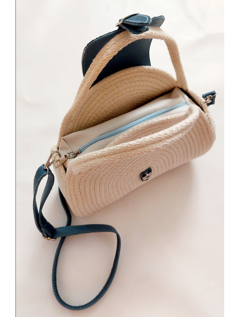 Eco friendly cotton cord cross body bag off white and blue leather flap - Image 2