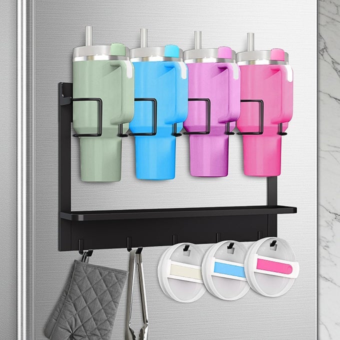 WATER BOTTLE ORGANIZER FOR STANLEY CUP ACCESSORIES 203040 OZ FRIDGE MAGNETIC AND WALL MOUNT TUMBLER HOLDER ORGANIZER KITCHEN WATER BOTTLE STORAGE RACK BLACK