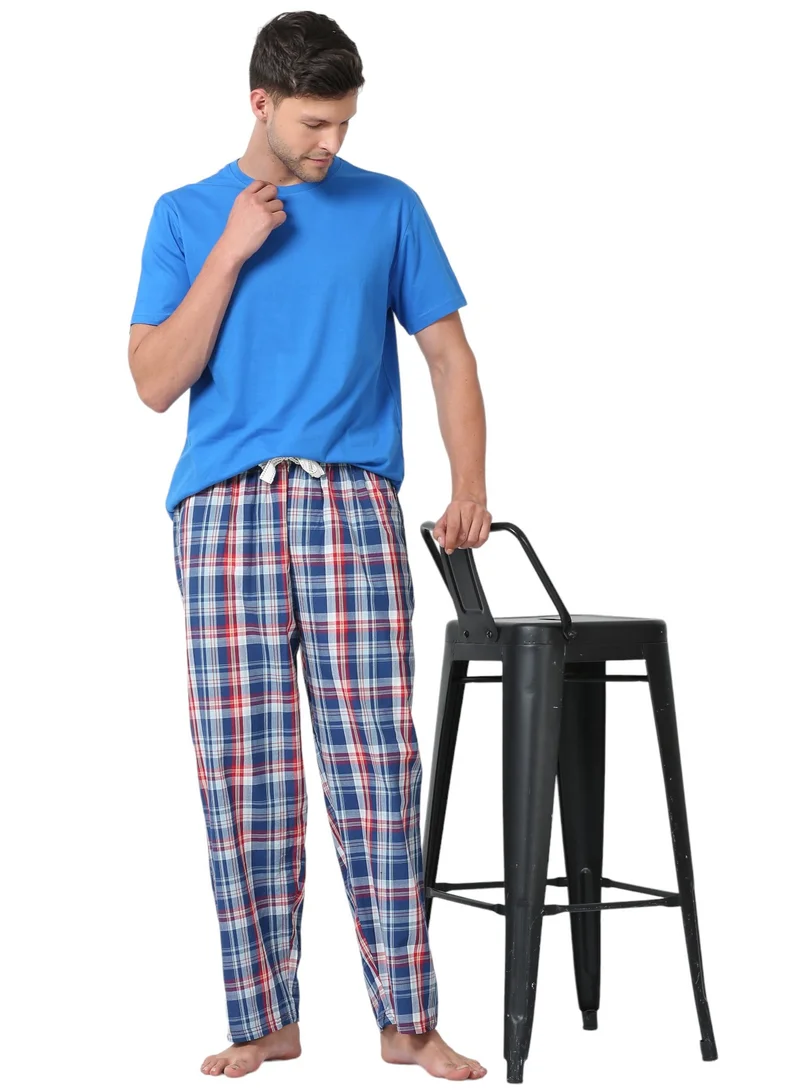 victor and jane Men's Cotton Pyjama Sets with Round Neck T-shirt in Royal Blue and Woven long pants