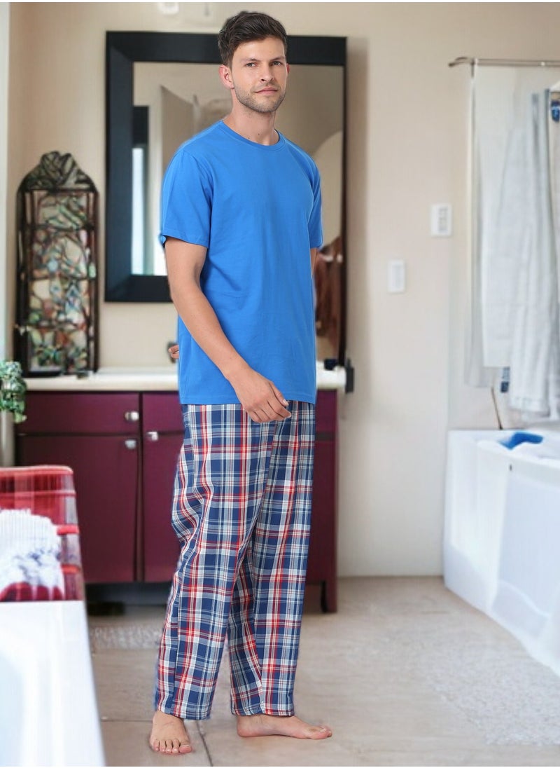 victor and jane Men's Cotton Pyjama Sets with Round Neck T-shirt in Royal Blue and Woven long pants  - Image 1