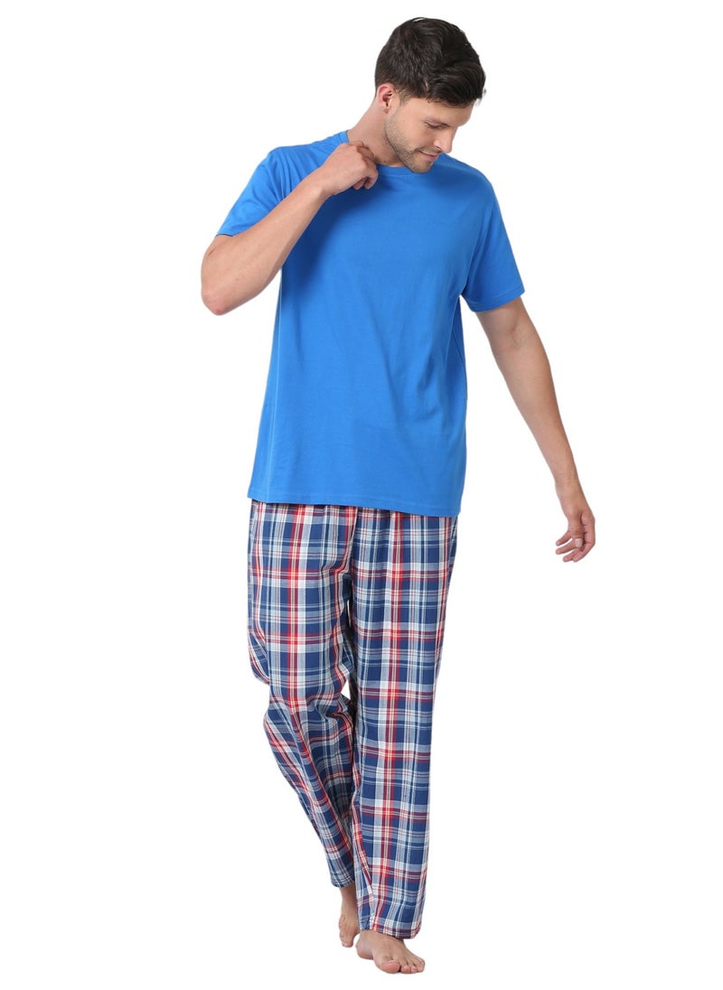 victor and jane Men's Cotton Pyjama Sets with Round Neck T-shirt in Royal Blue and Woven long pants  - Image 2