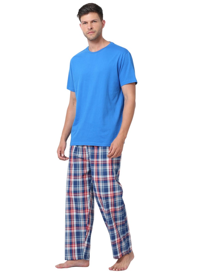 victor and jane Men's Cotton Pyjama Sets with Round Neck T-shirt in Royal Blue and Woven long pants  - Image 3