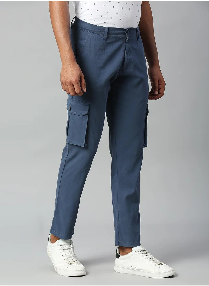 دينيس لينغو Men's Petrol Blue Tapered Fit Cargo Trousers - Casual, Full-Length