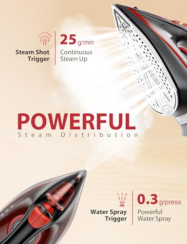 Sundu Steam Iron for Clothes with Rapid Heating Ceramic Coated Soleplate, 1500W with Precise Thermostat Dial, Self-Cleaning, Auto-Off, 15.21oz Water Tank for Home Clothes Ironing Use, Red - Image 4