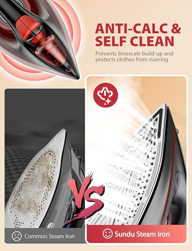 Sundu Steam Iron for Clothes with Rapid Heating Ceramic Coated Soleplate, 1500W with Precise Thermostat Dial, Self-Cleaning, Auto-Off, 15.21oz Water Tank for Home Clothes Ironing Use, Red - Image 3
