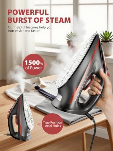 Sundu Steam Iron for Clothes with Rapid Heating Ceramic Coated Soleplate, 1500W with Precise Thermostat Dial, Self-Cleaning, Auto-Off, 15.21oz Water Tank for Home Clothes Ironing Use, Red - Image 2
