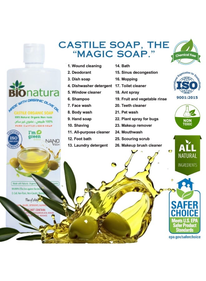 BioNatura صابون سائل كاستيل عضوي زيت الزيتون النقي 1 لتر – غسول جسم لطيف للأطفال، منظف للوجه والشعر للبشرة الحساسة، طبيعي، مرطب وخالي من المواد الكيميائية - Image 5
