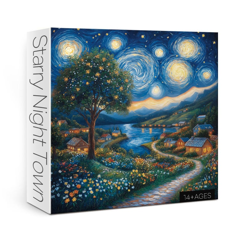 Larkipuzz Art Starry Night Landscape Puzzles for Adults 1000 Pieces Challenging Van Gogh Plant Tree Wildflower Jigsaw Puzzles Aesthetic Painting Nature Floral Moon Town Village Puzzle - Image 3
