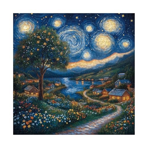 Larkipuzz Art Starry Night Landscape Puzzles for Adults 1000 Pieces Challenging Van Gogh Plant Tree Wildflower Jigsaw Puzzles Aesthetic Painting Nature Floral Moon Town Village Puzzle - Image 5