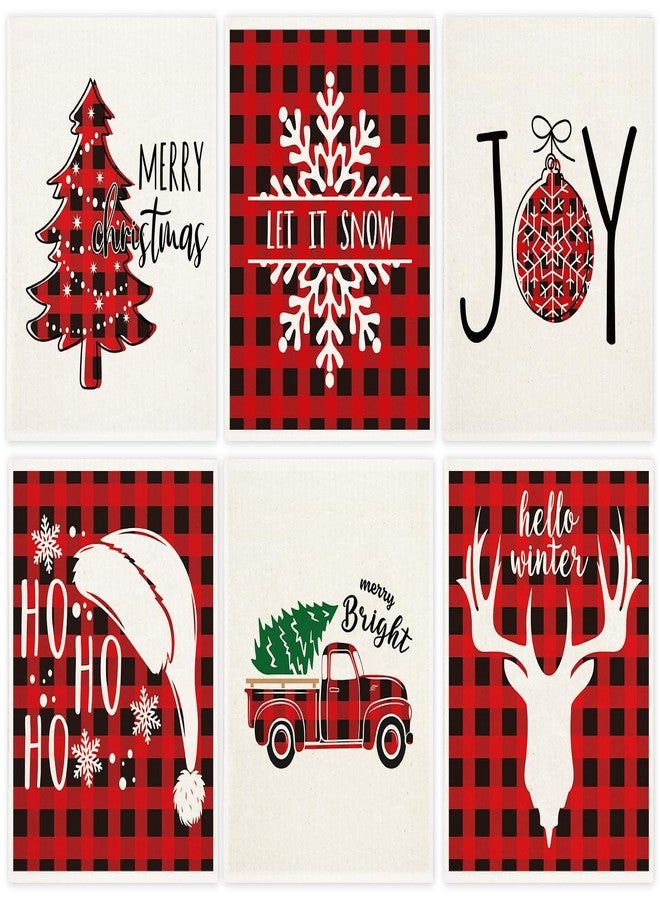Whaline 6Pcs Christmas Swedish Dishcloths Red Buffalo Plaid Xmas Dish Towels Xmas Tree Snowflake Joy Reusable Absorbent Washable Cotton Kitchen Towels for Xmas Winter Cooking Wiping, 6.7 x 7.7 Inch - Image 1