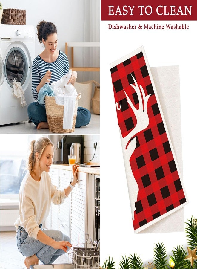 Whaline 6Pcs Christmas Swedish Dishcloths Red Buffalo Plaid Xmas Dish Towels Xmas Tree Snowflake Joy Reusable Absorbent Washable Cotton Kitchen Towels for Xmas Winter Cooking Wiping, 6.7 x 7.7 Inch - Image 4