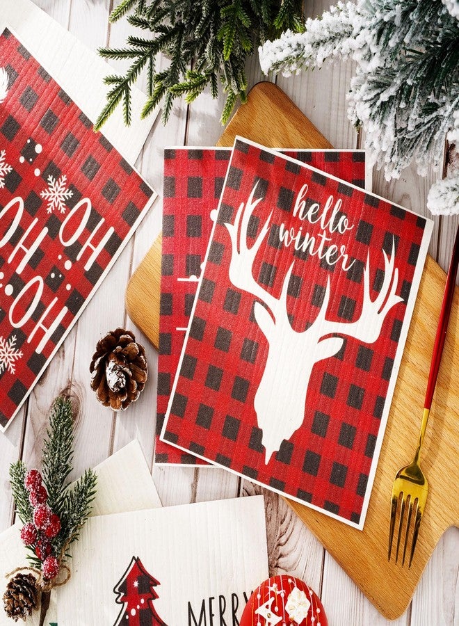 Whaline 6Pcs Christmas Swedish Dishcloths Red Buffalo Plaid Xmas Dish Towels Xmas Tree Snowflake Joy Reusable Absorbent Washable Cotton Kitchen Towels for Xmas Winter Cooking Wiping, 6.7 x 7.7 Inch - Image 3